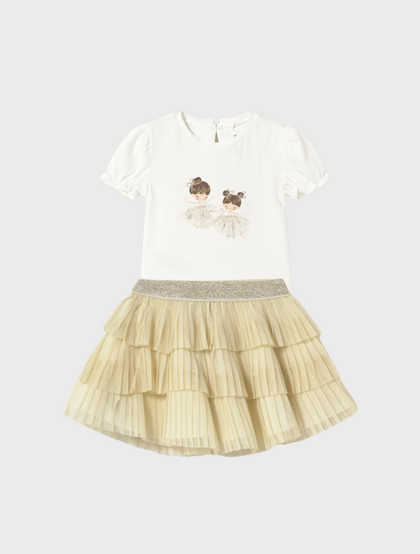 Conj. Camiseta m/c vestir y Falda tul plisado