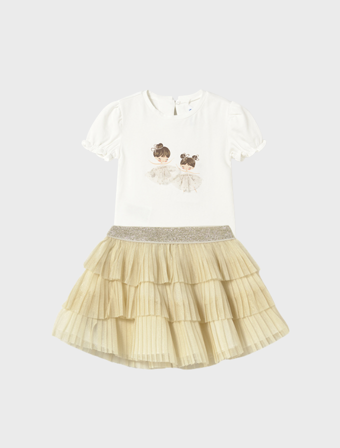 Conj. Camiseta m/c vestir y Falda tul plisado