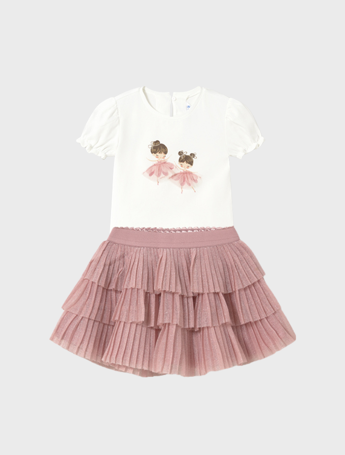 Conj. Camiseta m/c vestir y Falda tul plisado