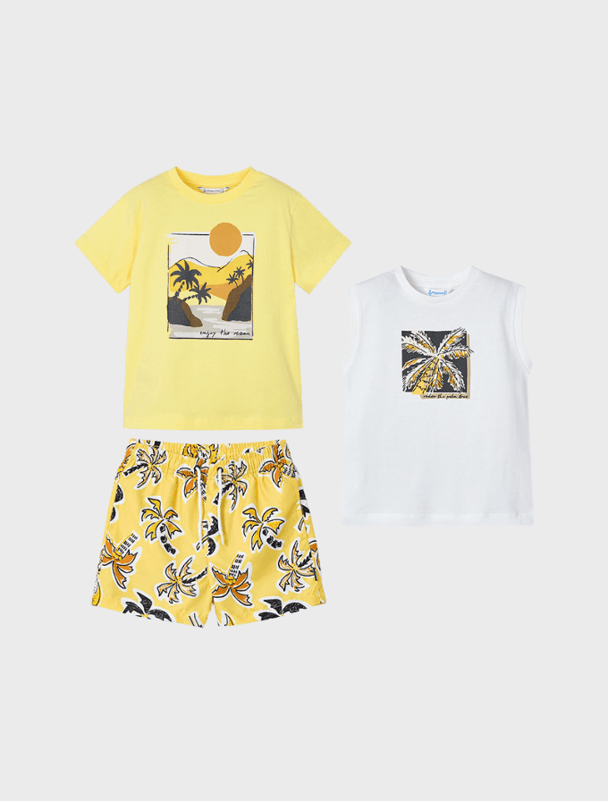 Conj. 3 pcs Camiseta tirantes con Camiseta m/c paisaje y Bañador bermuda