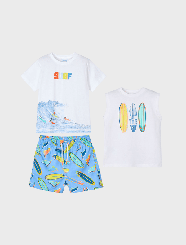 Conj. 3 pcs Camiseta tirantes con Camiseta m/c "wave"y Bermuda bañador