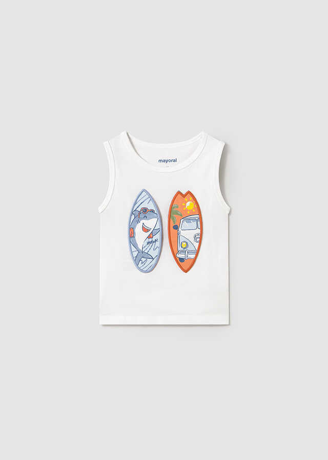 Conj. Camiseta m/c aplique-Camiseta tirantes play tablas y Bermuda lino relaxed
